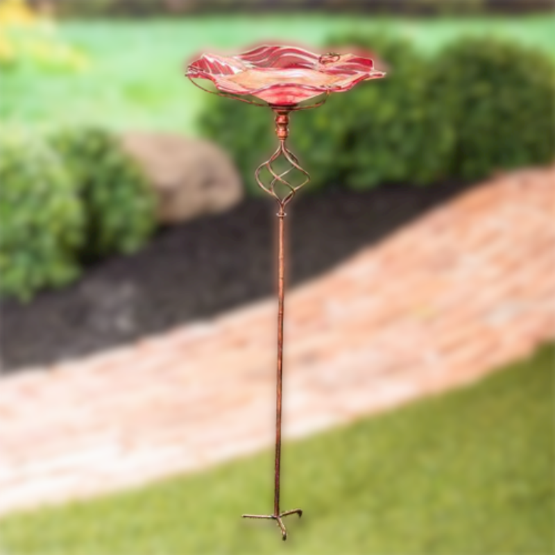 GLASS BIRD BATH RED SWIRL